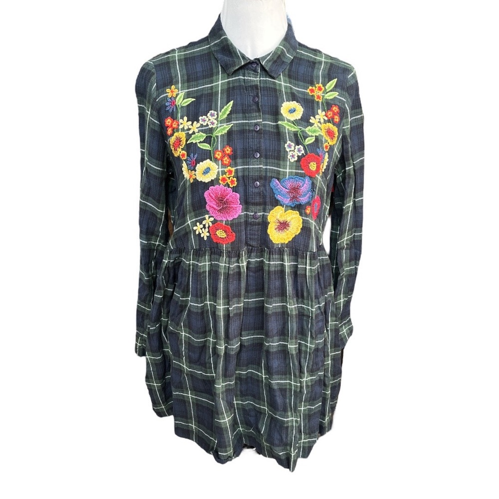 Zara Trafaluc Plaid and Floral Embroidered Flannel Mini Dress Green Blue Medium - Picture 7 of 7